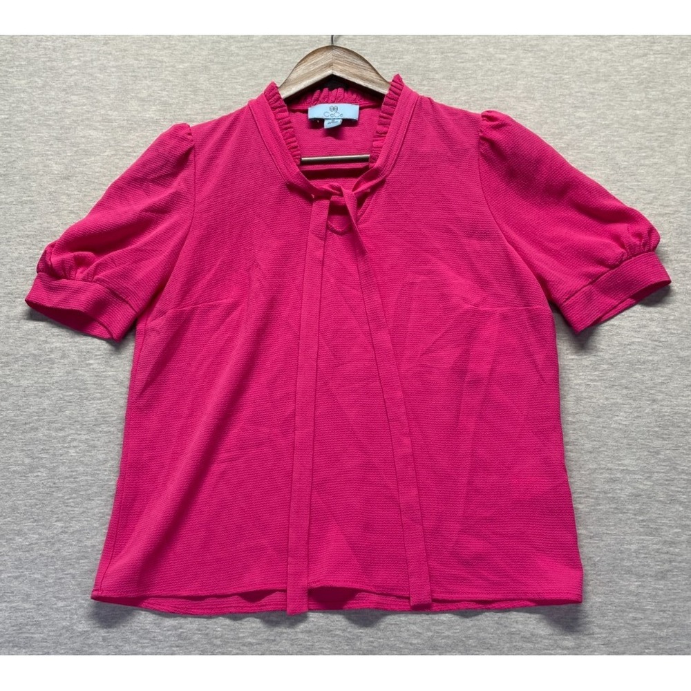 CeCe Blouse Top Womens XS Vibrant Pink Puff Sleeve Ruffle Tie Neck Everyday Wear